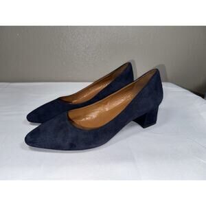 Aquatalia Pasha Size 8.5 Navy Blue Suede Block High Heel Pumps Pointy Toe Shoes